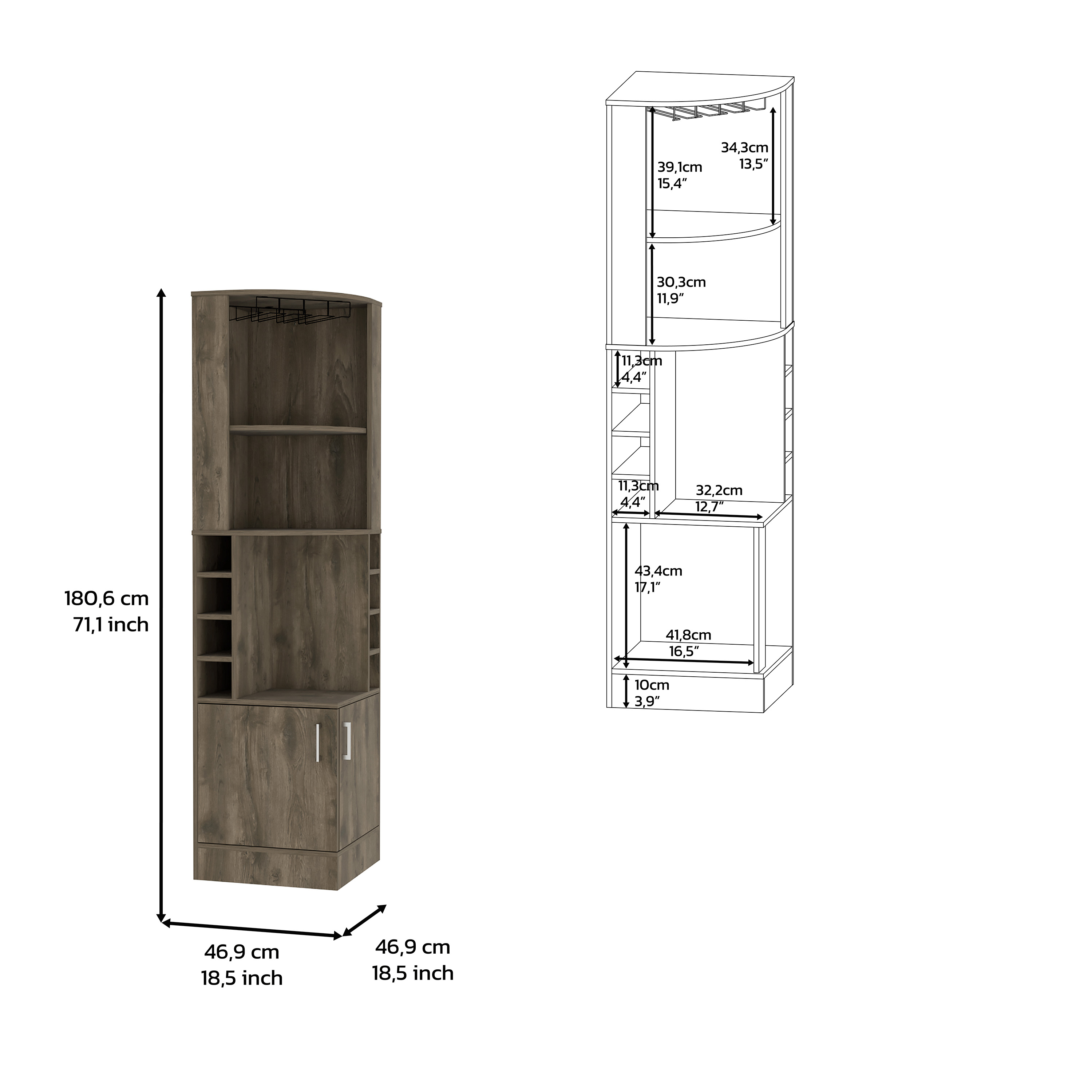 Syrah Corner Bar Cabinet, Eight Bottle Cubbies, Double Door, Two Open Shelves -Dark Brown